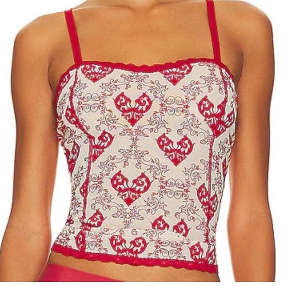 Poster Girl Scarlett corset top flocked mesh in red & oyster size M